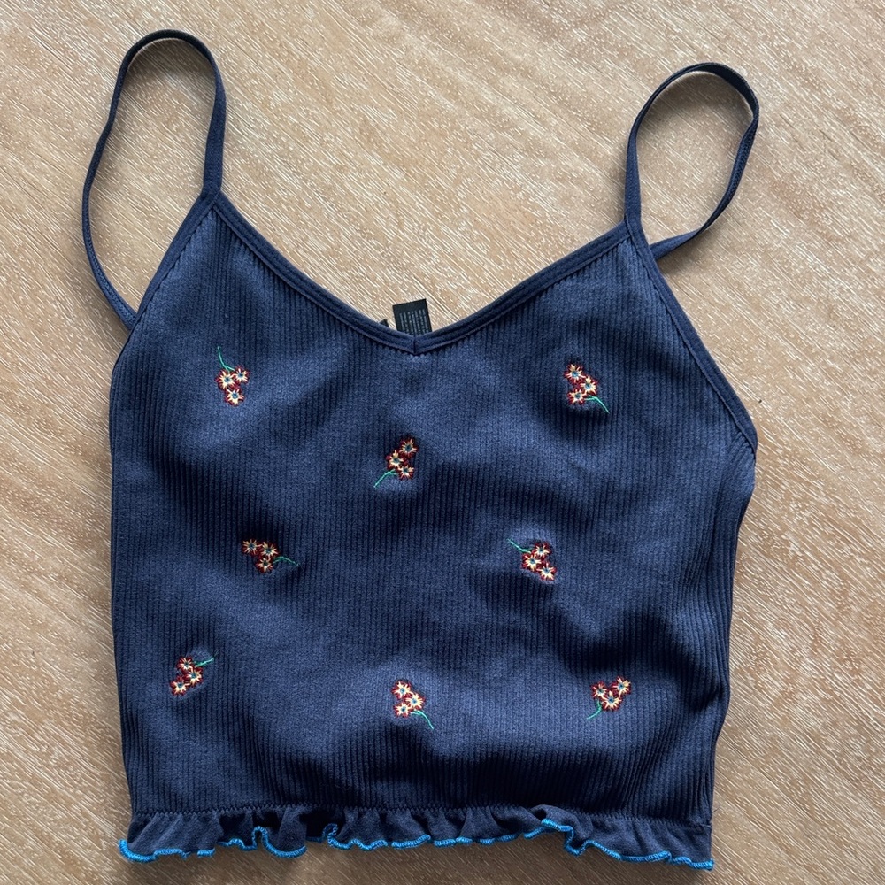 Anthropologie Navy Camisole with Floral Embroidery